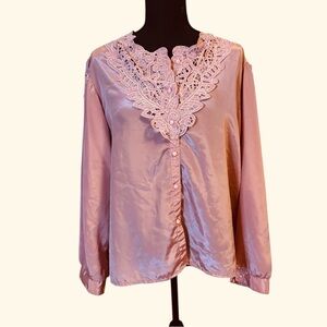 Vintage Mauve Satin Blouse with Lace Detail